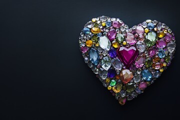 C&oelig;ur color&eacute; en gemmes et pierres pr&eacute;cieuses sur fond noir.