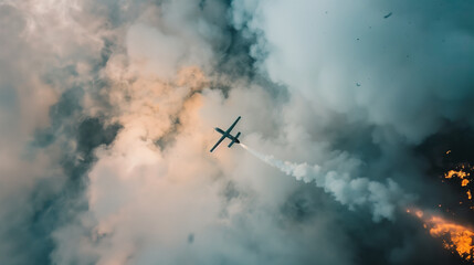 Naklejka premium A military drone precisely targets a distant base, showcasing advanced long-range capabilities and cutting-edge technology amid a vast desert landscape.