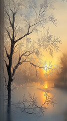 Obraz premium Frosty window view of trees at sunset over a serene water landscape 