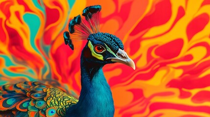 Fototapeta premium A close-up portrait of a peacock with vibrant blue feathers and a colorful abstract background.