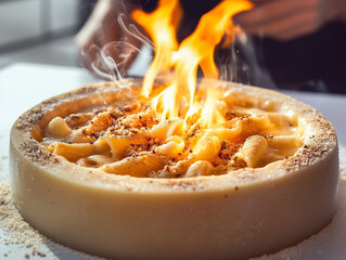 Pâtes italiennes à la crème flambées dans une meule de parmesan italien, plat gastronomique