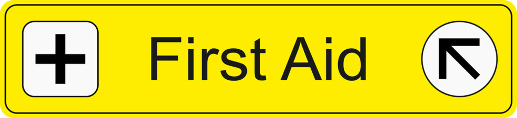 Obraz premium Yellow and black transparent PNG file of airport information terminal sign showing the direction of the first aid room
