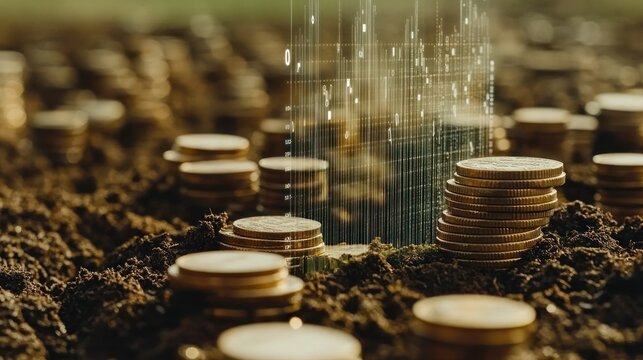 Stacks of gold coins in soil with data overlay.