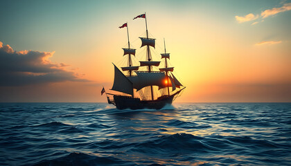 Fototapeta premium Enchanted Spanish Galleon pirate ship storybook magic sailing into sunset. Pirate ship sailing on the ocean at sunset isolated with white highlights, png