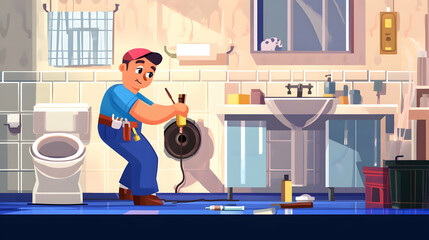 A plumber repairing a leaking pipe in a bathroom setting . illustration