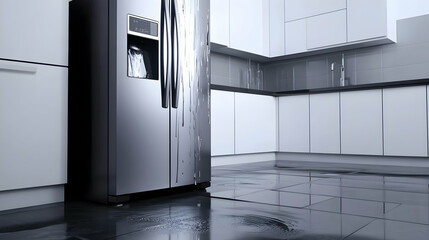 A modern kitchen refrigerator leaking water onto the floor . illustration