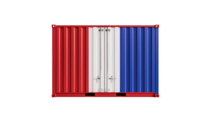 Cargo container with French flag colors, white isolate background