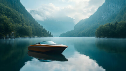 Obraz premium Capturing Electric Transportation: An Electric Yacht on a Serene Lake . illustration