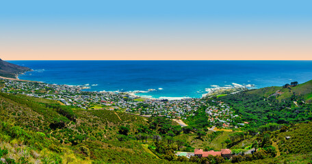 Cape Town panorama: Clifton, Bakoven, Camps Bay with Atlantic Ocean backdrop, South Africa