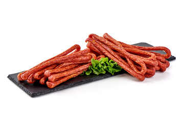 Dried smoked sausage sticks, isolated on white background.