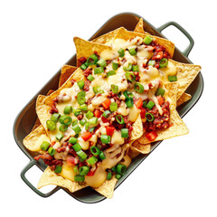Delicious nachos with toppings, white isolated background.