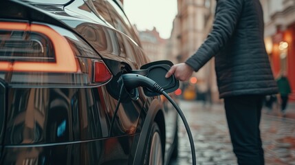 Naklejka premium A person charging an electric vehicle on a city street.