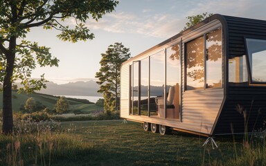 Fototapeta premium Modern Tiny Home by the Water: A sleek, modern tiny home sits nestled amidst a serene landscape, bathed in the golden glow of sunset.