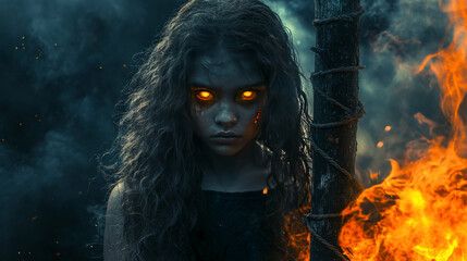 Intense fantasy portrait of a woman with glowing orange eyes staring fiercely, surrounded by fire, evoking power, mystery, and dark magic.
