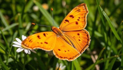 Obraz premium Vibrant Orange Butterfly on a Daisy in a Sunny Meadow