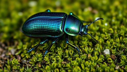 Vibrant Green Beetle Explores Lush Mossy Habitat
