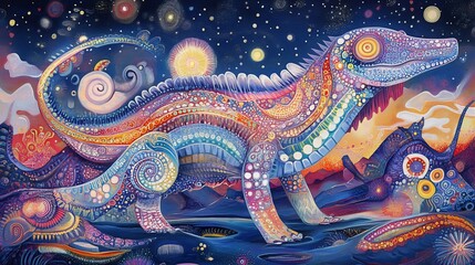 Obraz premium A brightly colored dinosaur stands on a desert landscape under a starry night sky.