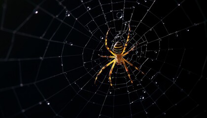 Fototapeta premium Spider waits patiently in its dew-laden web against a dark background.