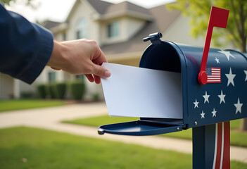 A mail-in ballot being placed into a mailbox with red, white, and blue stripes, symbolizing the importance of voting from home in American democracy. High quality photo