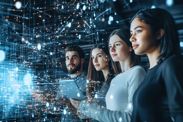 Diverse professionals collaborating on cloud computing technology for a modern digital society