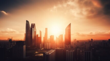 Fototapeta premium â€¢ Urban cityscape with modern skyscrapers and a sunset in the background, copy space, High quality, + --ar 16:9 --v 5 Job ID: 7db15532-c930-4ff8-a9d6-dd6182c81729
