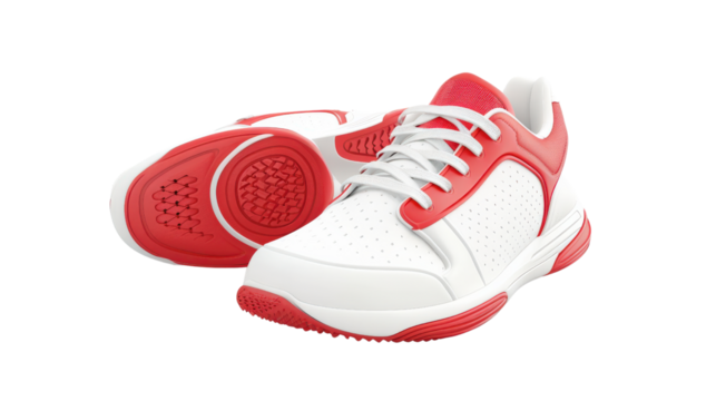 Sporty red and white athletic shoes, white isolate background.