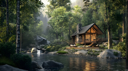 Fototapeta premium Secluded Cabin Retreat: A Cozy Hideaway in Untouched Wilderness . illustration