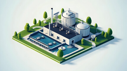 Sunset view of a water treatment plant, representing the water industry . illustration