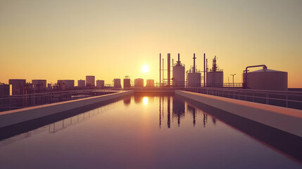 Obraz premium Sunset view of a water treatment plant, representing the water purification industry . illustration