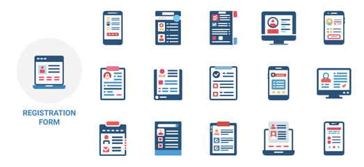registration forms online registration set flat design vector illustration, form input icon submission validation