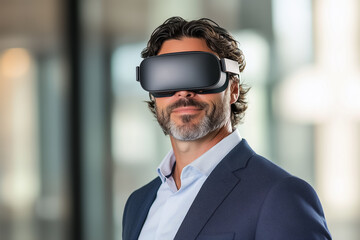 A man wearing virtual reality glasses stands confidently in a modern office setting, exploring immersive technology