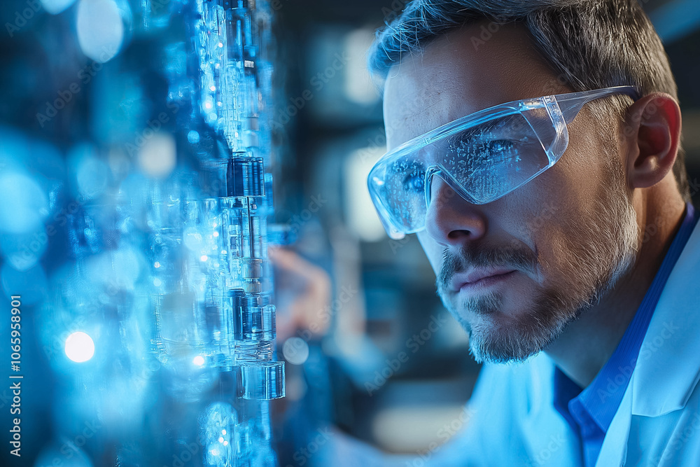 Poster a focused scientist examines digital data on a high-tech interface in the lab during a late evening 