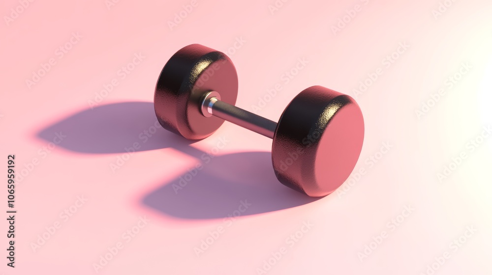 Poster single black dumbbell lies on a vibrant pink surface, casting a distinct shadow that emphasizes its 