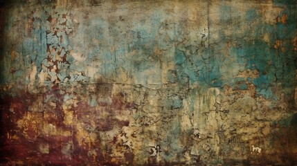 Obraz premium Weathered Wall Texture: A captivating close-up of an old wall, showcasing the beauty of time and the artistry of decay. The textured surface, painted in hues of blue, brown, and gold.