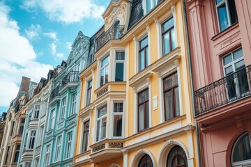 Obraz premium Charming european townhouses featuring vibrant facades and intricate architectural details