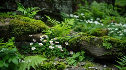Fototapeta premium Close-Up of Mossy Rocks with Delicate White Flowers