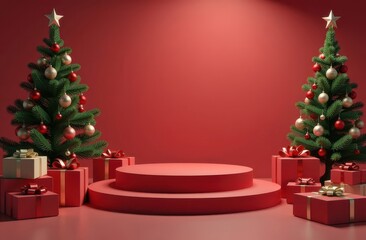 Festive holiday scene with christmas trees and gift boxes on red background