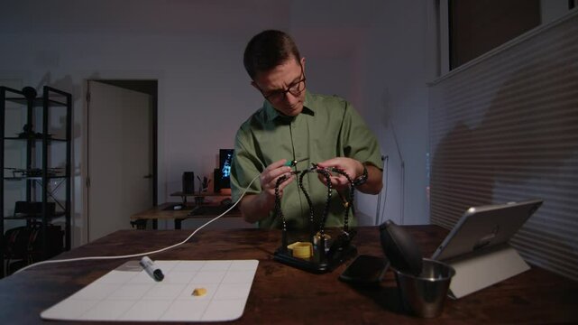 A man is Soldering cables and connectors in a DIY electronics project in home workshop