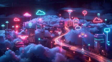 Neon Cityscape in the Clouds