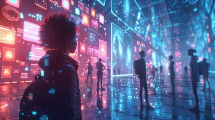 Naklejka premium A Young Person Standing in a Futuristic Digital World