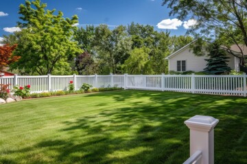 Fototapeta premium Vinyl fence installation that wraps around the exterior of backyard