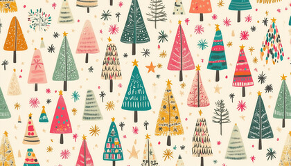 Pattern with Christmas trees on a background, created in a festive style. The trees are evenly spaced across the background, decorated with colorful ornaments, stars, and garlands.