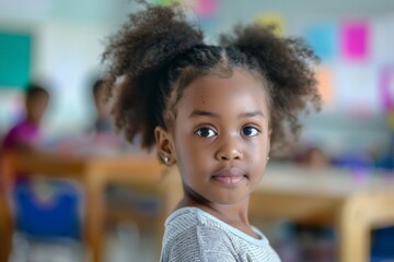 Portrait of a cute little girl in blurred classroom looking at camera