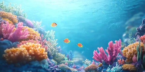 Obraz premium Vibrant Coral Reef with Three Yellow Fish Swimming in Clear Blue Water