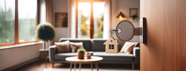 A key in the door of a bright and modern living room with large windows, symbolizing home and comfort.