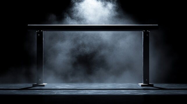A black parallel bar set against a black backdrop with a spotlight shining from above, casting a hazy glow.