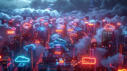 Fototapeta premium Cyberpunk Cityscape with Cloud Computing