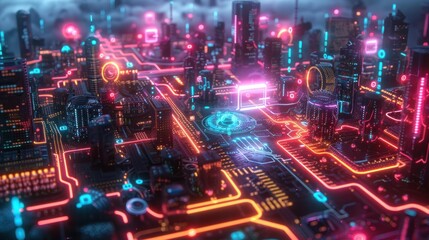 Obraz premium Neon Cityscape on a Motherboard