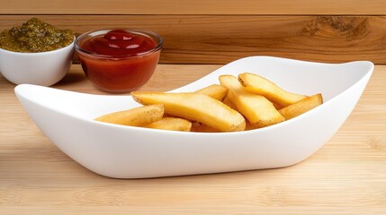Crispy golden French fries are served in a white bowl alongside tangy ketchup and flavorful chutney on a rustic wooden table