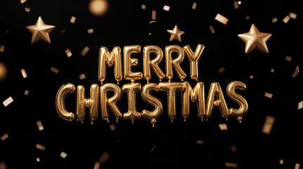 Merry Christmas! Golden Balloons isolated on a Black Background with Falling Confetti and Stars. festive greeting card	